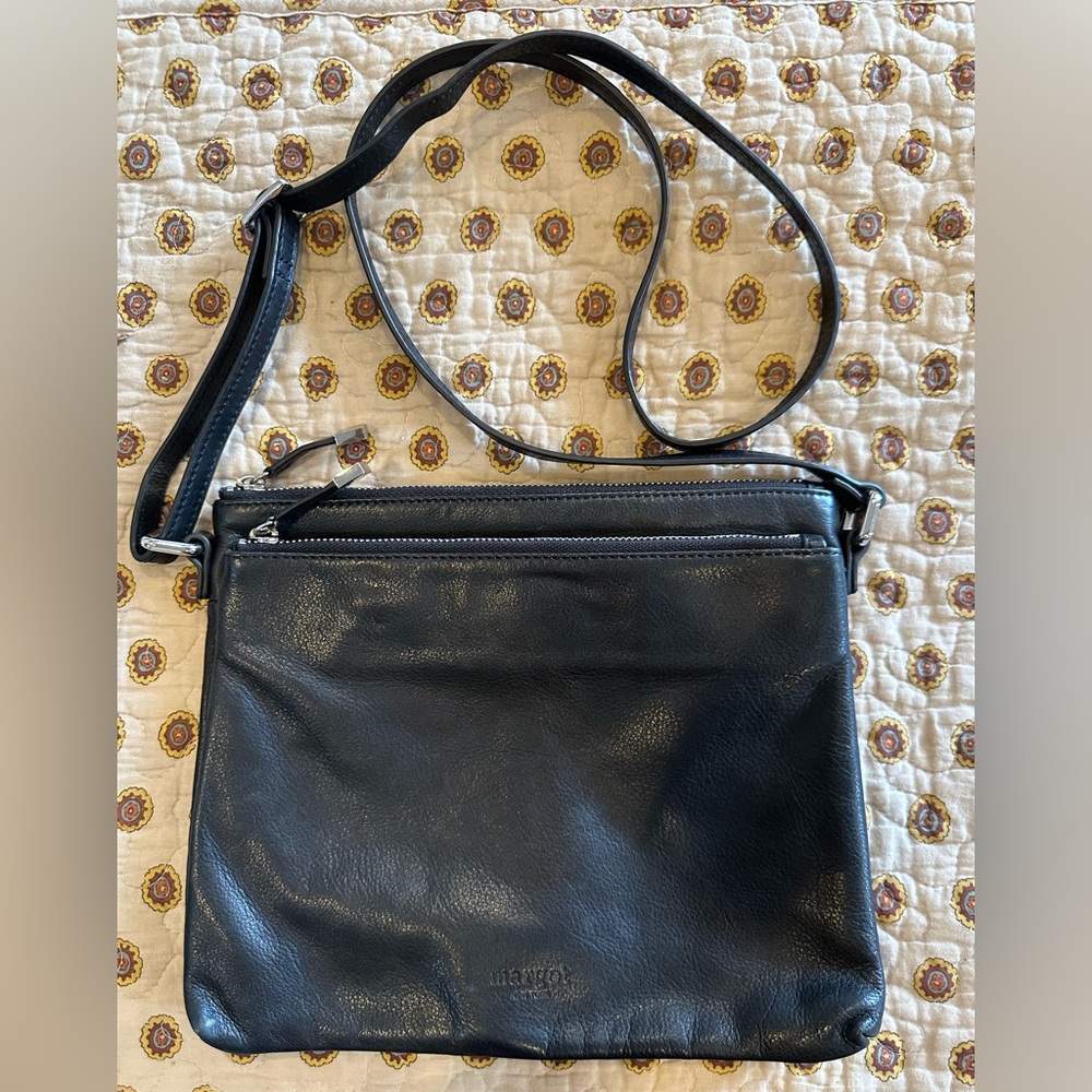 Margot Double Zip Black Leather Crossbody Bag